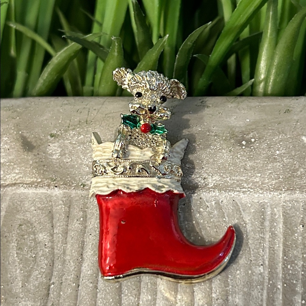Christmas Stocking Brooch with Dog Christmas pin poodle holiday pin red silver